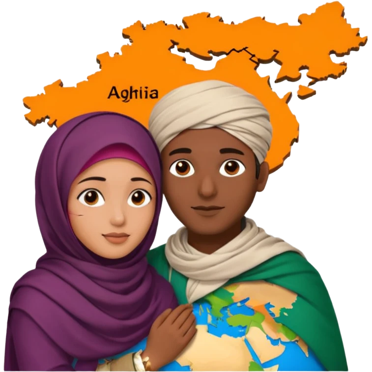 An emotional artistic illustration of an Indian man and an Afghan hijabi girl standing on the maps of India and Afghanistan, symbolically embracing despite the distance, showing love beyond borders. emoji
