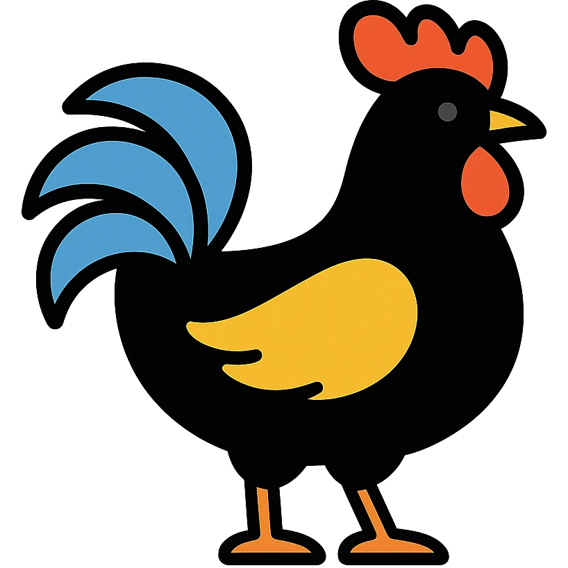 black rooster, visually striking, bold graphic style, prominent feathers emoji