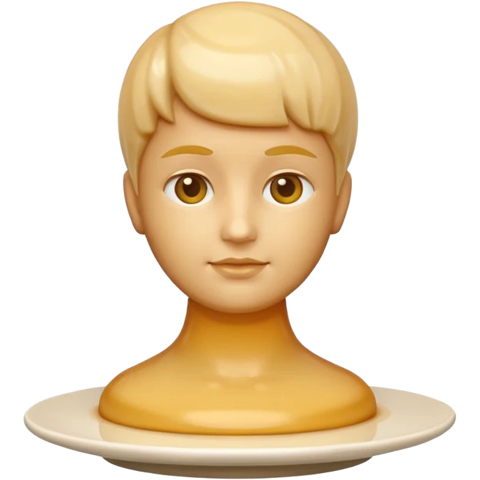apple style emoji of a bust sculpture all features shapes made from single tall flan with uniform slightly translucent beige gelee texture, on white plate emoji