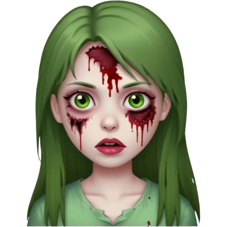 girl zombie with green pale skin with long dark brown straight hair with side bangs light brown eyes blood under eyes and brui emoji