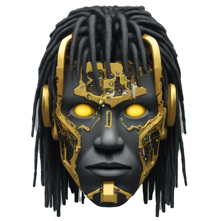 black metal male cyborg head with circuitry and wispy yellow gold hair emoji