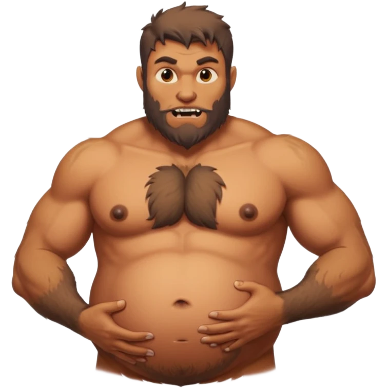A shirtless pregnant burly male werewolf holding his pregnant belly, he has plump moobs and lactating nipples  emoji