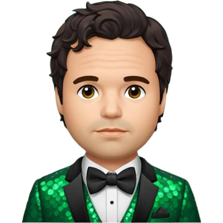 Mark Ruffalo with dark brown hair, dark green sequin suit with bow tie emoji