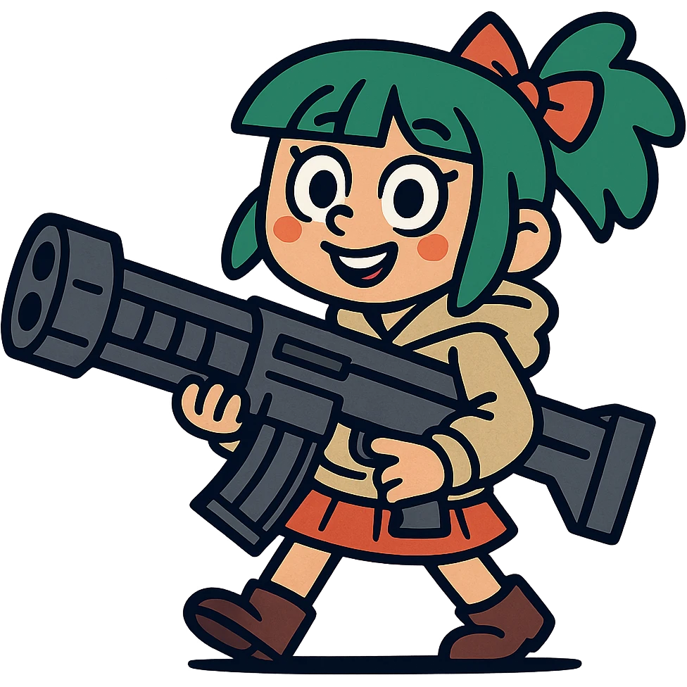 funny, positive stalker girl named Businka with a huge machine gun emoji