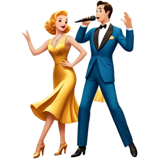 Vintage movie poster-style icon for a musical film. The cityscape glows in the background, evoking the golden era of musicals. A vibrant street scene with bright lights, dancers mid-step, a singer with a microphone, and a jazz band playing. Transparent background. emoji
