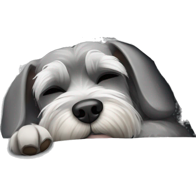 Grey and white mini schnauzer asleep curled up in a cozy grey bed      emoji