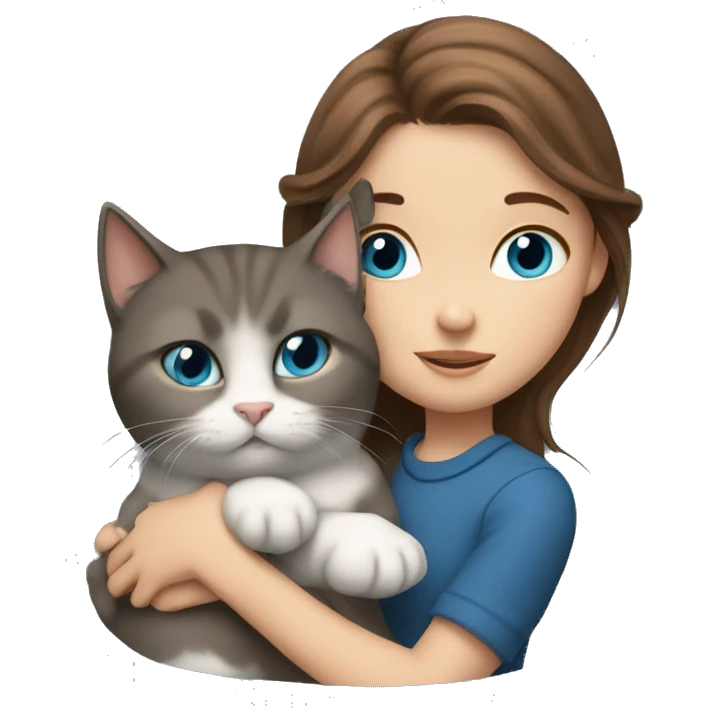 A girl with brown hair and gray-blue eyes hugs a gray Scottish cat emoji
