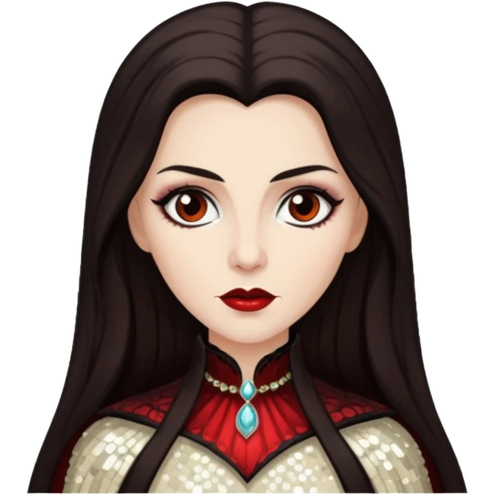 Countess Dracula with long dark brown hair, ivory sequin outfit  emoji