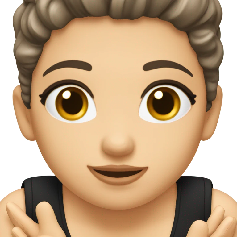 Front view full body curvy caucasian beauty sitting straight hands up black skirt standing emoji