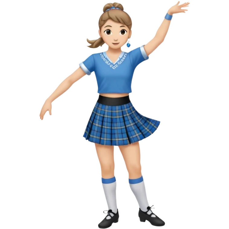 Female highland dancer with hair in bun wearing blue plaid kilt and dancing emoji