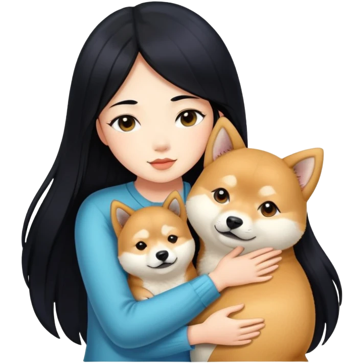 A beautiful girl with long black hair hugs a Shiba Lnu emoji