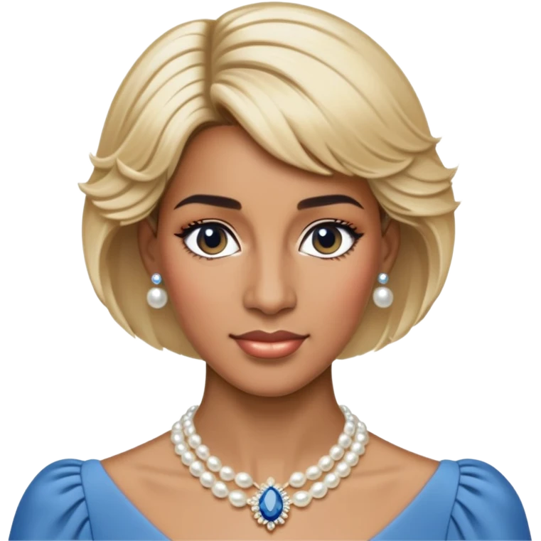 black woman with Princess Diana's iconic short blonde hairstyle, pearl necklace, and elegant blue dress emoji