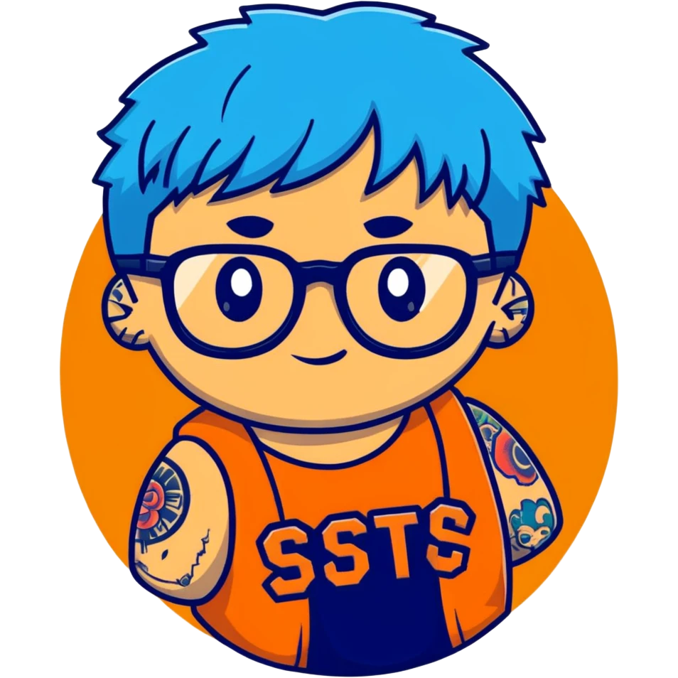 character with blue hair, glasses, and tattoos emoji