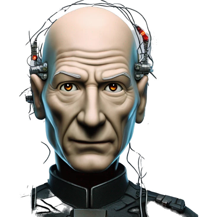 Jean luc picard from Star Trek assimilated by the Borg, with mechanical metal covering the left side of his face, with wires and a red light on the left side. His eyes are blue emoji