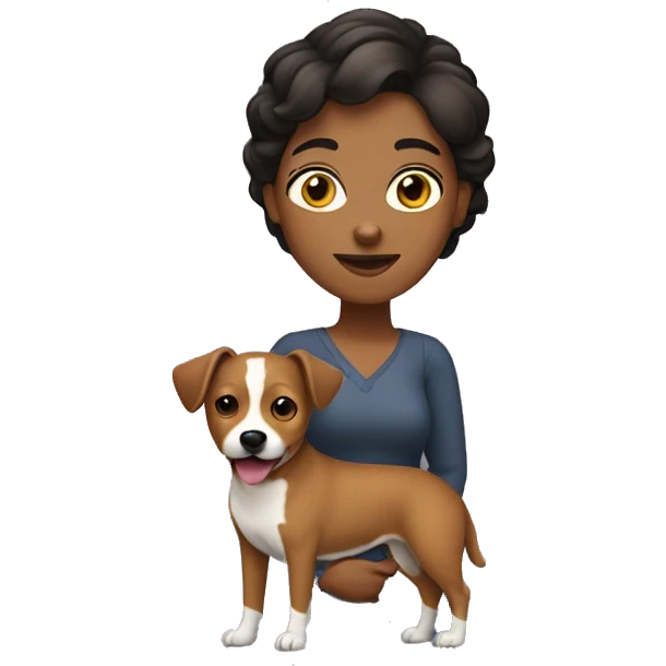 Apple style brown woman with short hair holding heeler dog emoji