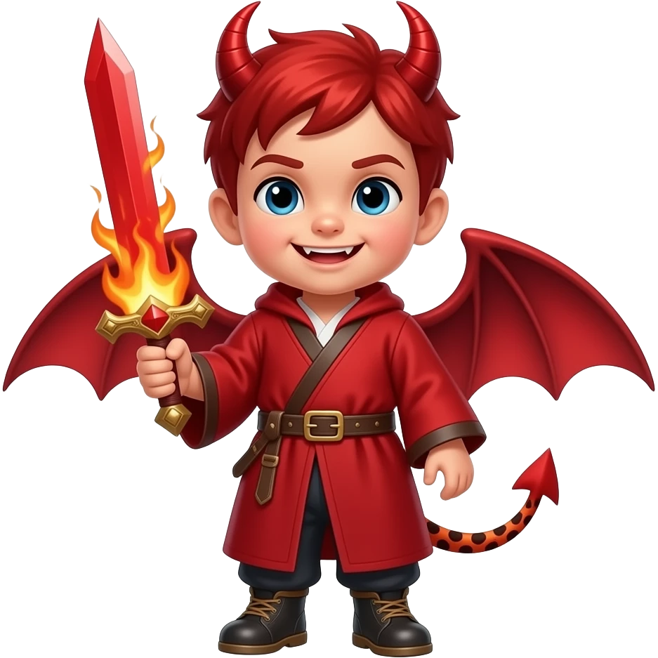 Bebê diabo com cabelo vermelho Asas do diabo rabo do diabo roupe vermelha cara de que tá aprontando algo é dentes do guepardo que foi extinto sapatos legais é rabo vermelho espada vermelha de 3 espinhos no topo é a espada tá pegando fogo emoji