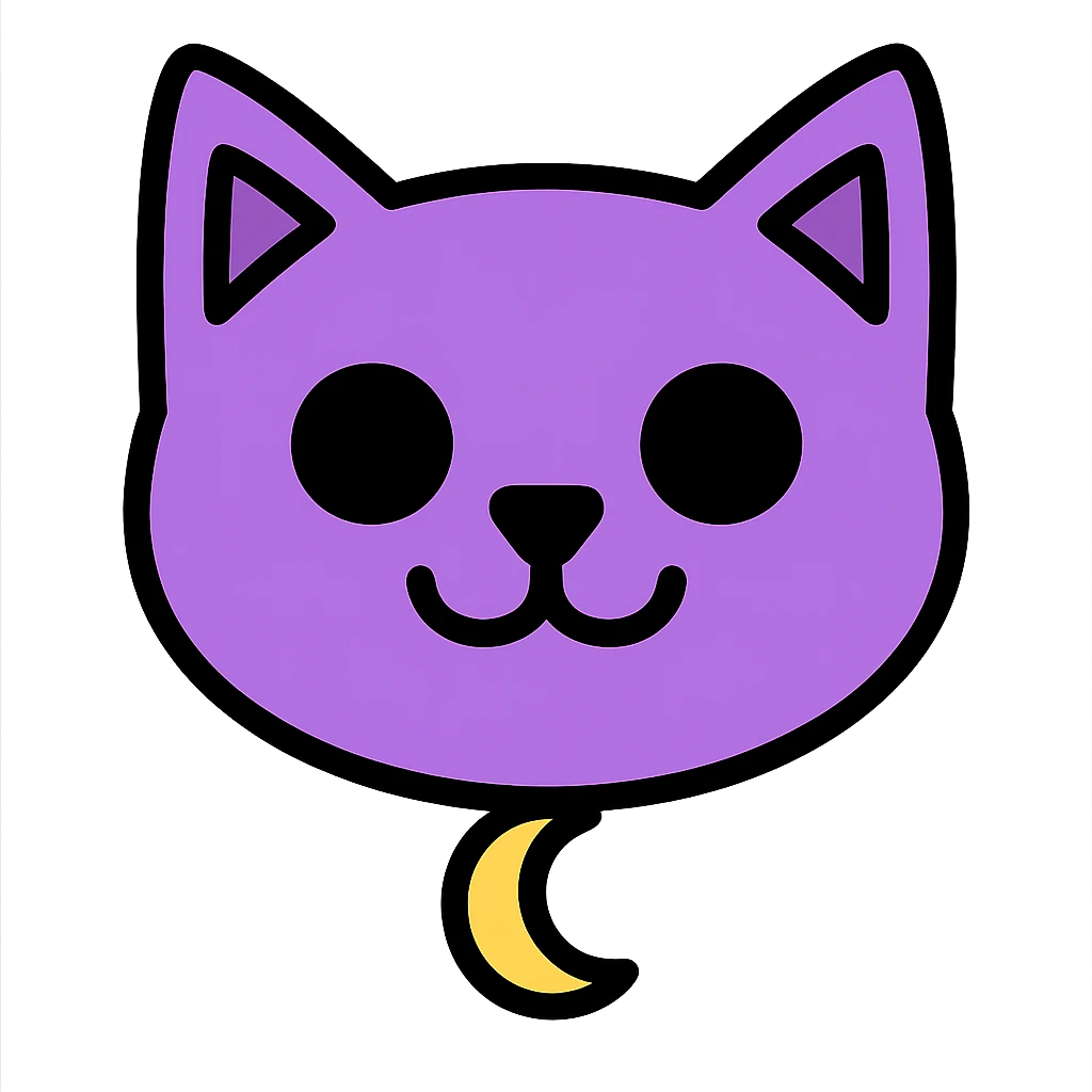 Create an image of just the head of a purple cat with large black eyes, a wide black smile with no teeth, and a visible gold moon pendant. The background should be removed, leaving only the cat's head and pendant visible. emoji