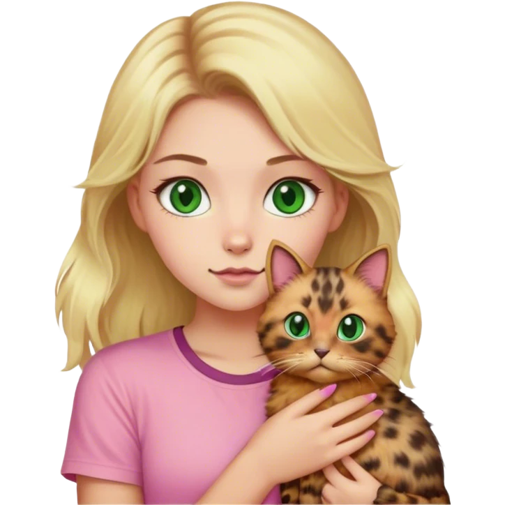 A blonde girl with green eyes and a pink shirt is holding a fluffy tortoiseshell cat emoji