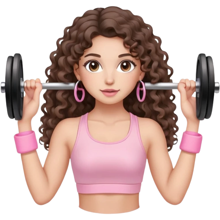 cute balayage brunette long hair curly/wavy haired girl, hoop earrings, clean girl makeup DOING EXERCISE with weights with a cute pastel pink set emoji
