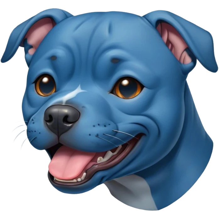 Cinematic Cute Yawning Blue Staffordshire Bull Terrier Portrait Emoji, Head tilted slightly with a dramatic, wide-open yawn, showcasing a smooth blue Fur with a refined texture, floppy ears slightly drooping, round dark eyes barely open in drowsy contentment, Simplified yet irresistibly adorable features, highly detailed, glowing with a soft, cozy glow, high shine, relaxed yet expressive, stylized with a touch of whimsy, bright and endearing, soft glowing outline, capturing the essence of a sleepy yet affectionate guardian, so drowsy it feels like it could stretch right out of the screen and curl up for a nap! emoji