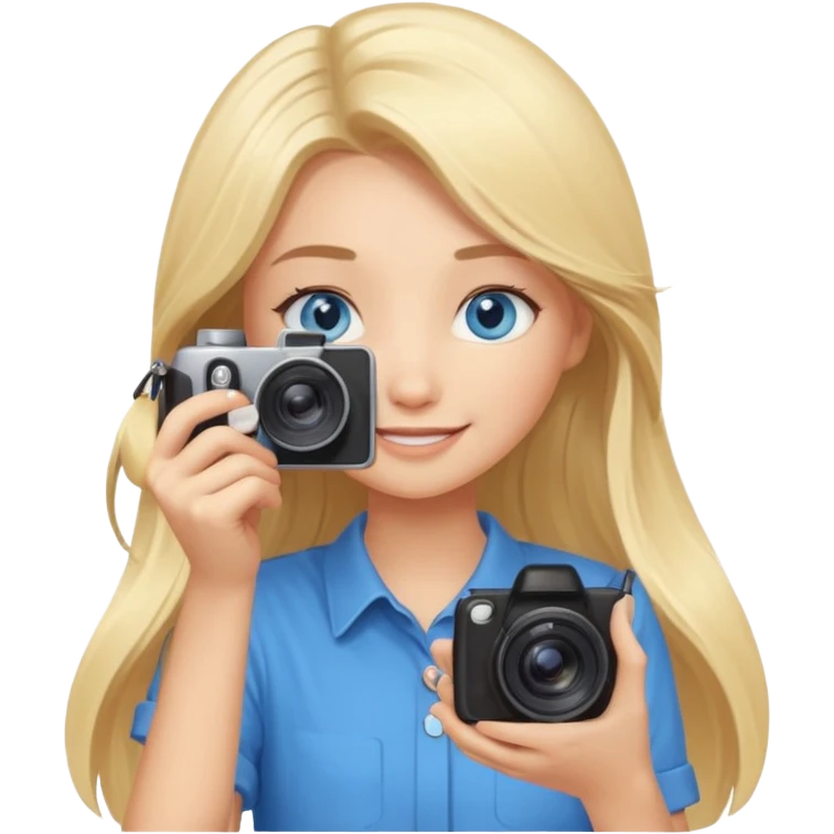  blue eyes blonde girl photographer cartoon taking picture in middle of taking picture camera in front of face long hair smiling funny flash professional, camera in front of face emoji