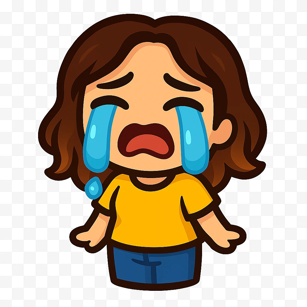 Create a chibi emote of a woman from the reference wearing a yellow t-shirt and jeans, crying with big tears, no headband, no wand, matching the attached green heart emote as a base, transparent background emoji