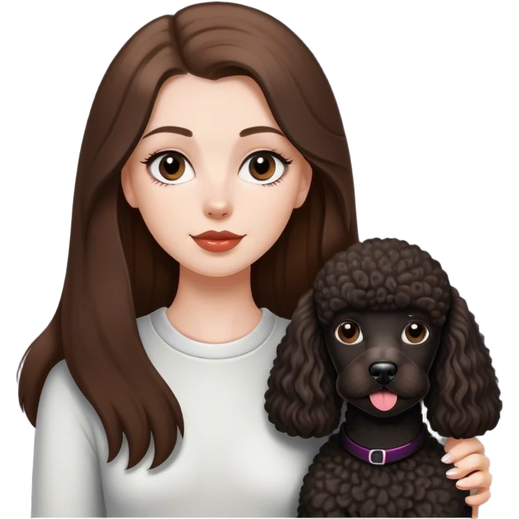 a white girl with straight long brown hair and a black french poodle dog emoji