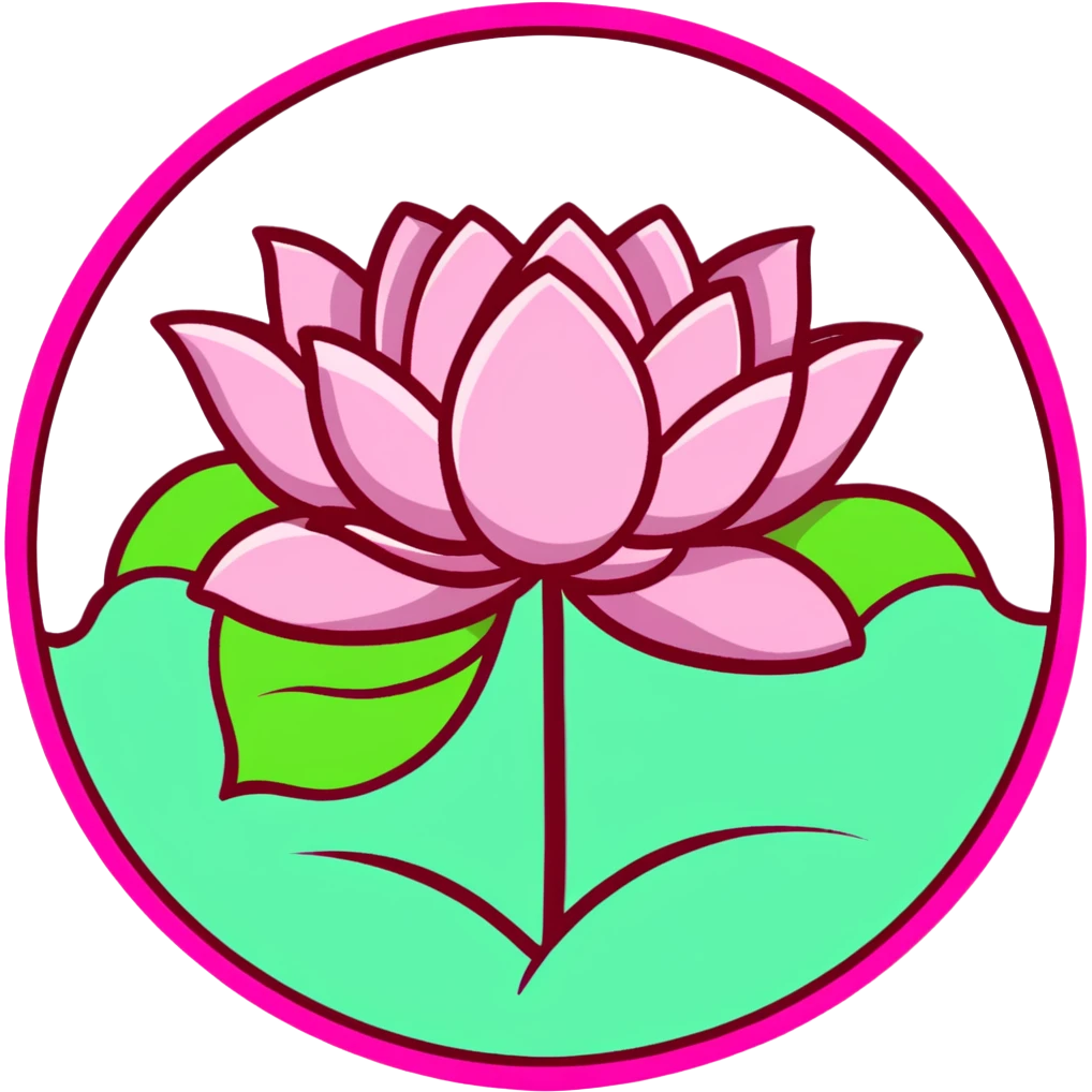 Decorative pink lotus flower with stylized petals, floating on circular green pad with ripples in water emoji