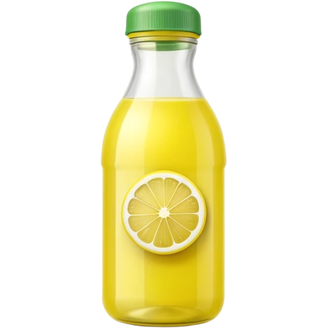lemon juice bottle, transparent, pale yellow juice, lemon-shaped or curved plastic, light translucent, green or yellow cap, clean minimal, no branding, no glass, no lemon slices, no background, no faces, clean 3D, soft shadows, transparent background, emoji scale emoji