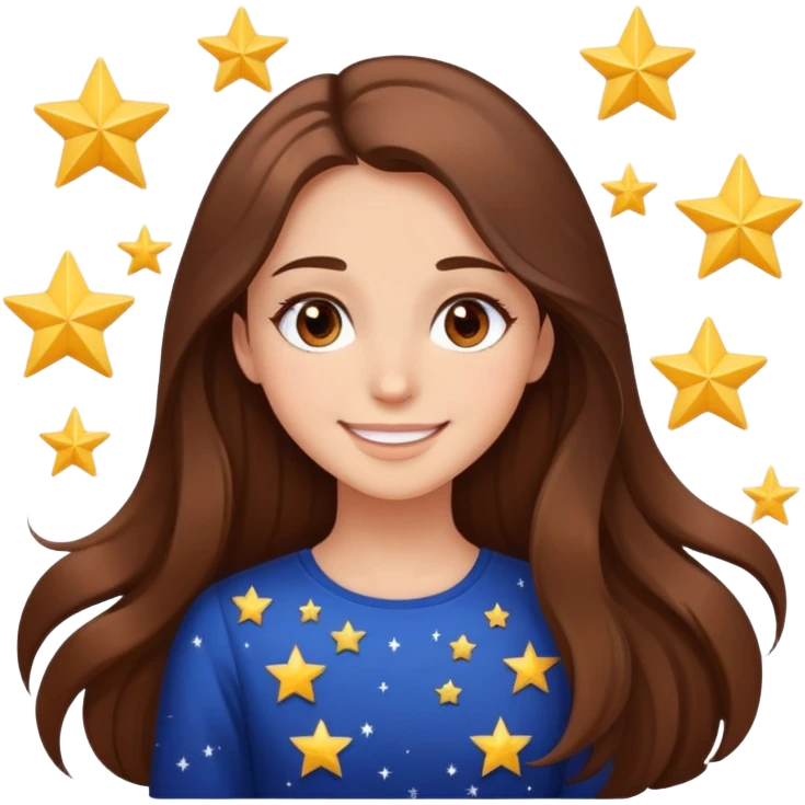 girl with long brown hair, stars in her eyes, brown eyes, beautiful smile  emoji