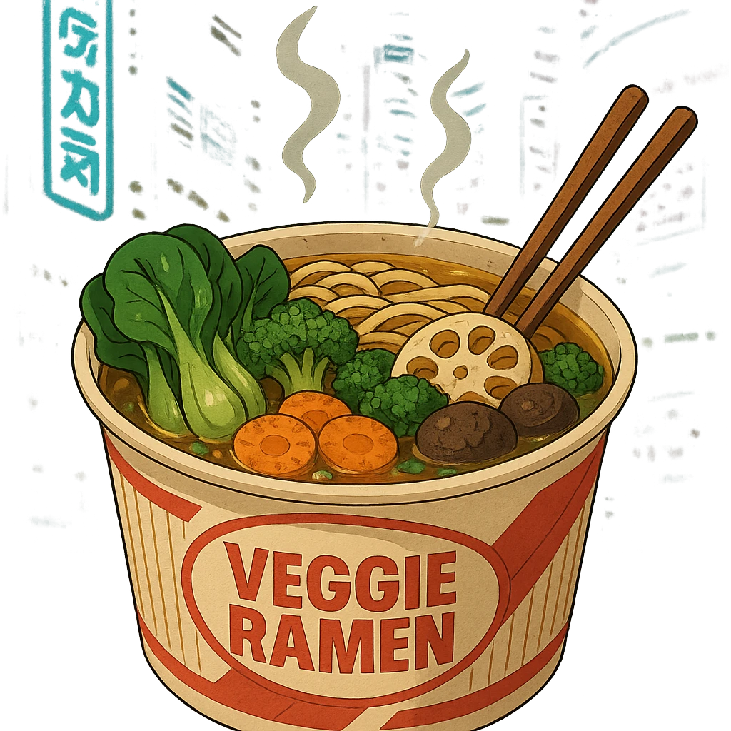 cyberpunk futuristic, scifi, a bowl of delicious veggie , ramen, 1990s, paper cup, classic style branding emoji