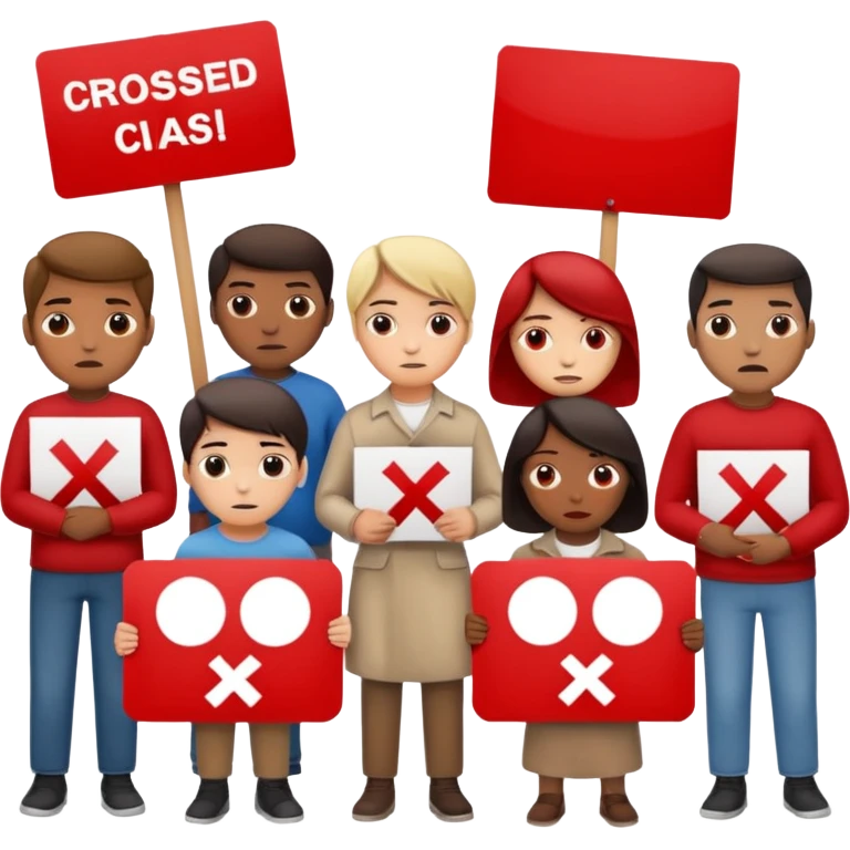 a crowd of people with unhappy faces and holding placards on which everything is crossed out in red emoji
