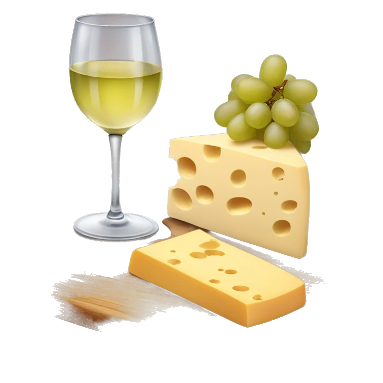 Wooden board with different kind of cheese, grapes and a glass of white wine emoji