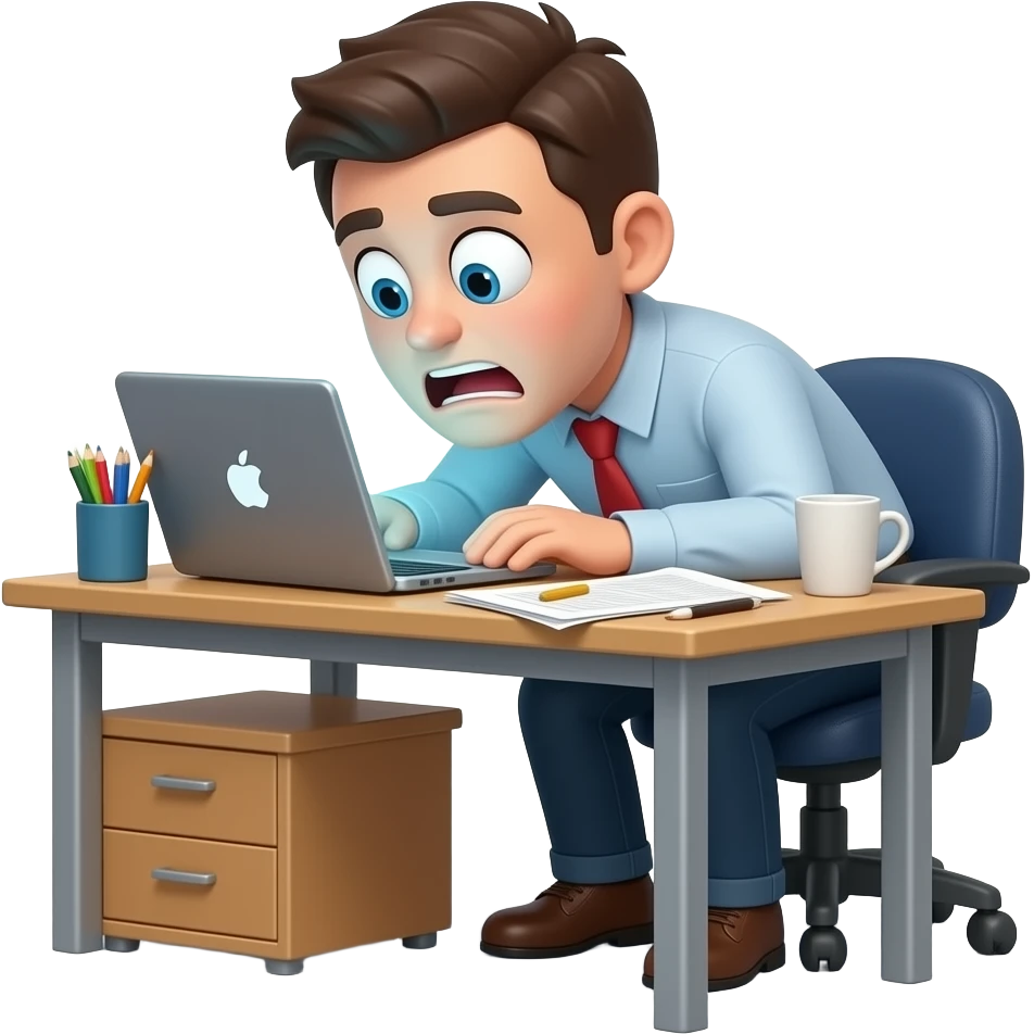 overworked person, in front of the computer, with crazy look emoji