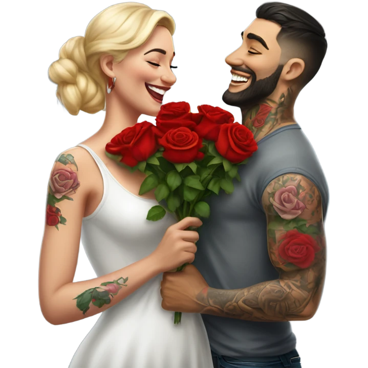Hyper Realistic beautiful woman smells bouquet of bright red roses laughing with handsome tattooed man  emoji