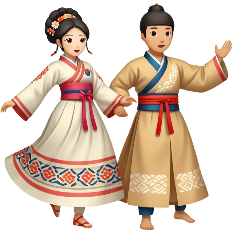Cinematic Realistic scene of two performers engaging in Ganggangsullae, dressed in traditional Korean costumes with intricate patterns and graceful movements, illuminated by soft, festive lighting that accentuates the cultural ambiance emoji