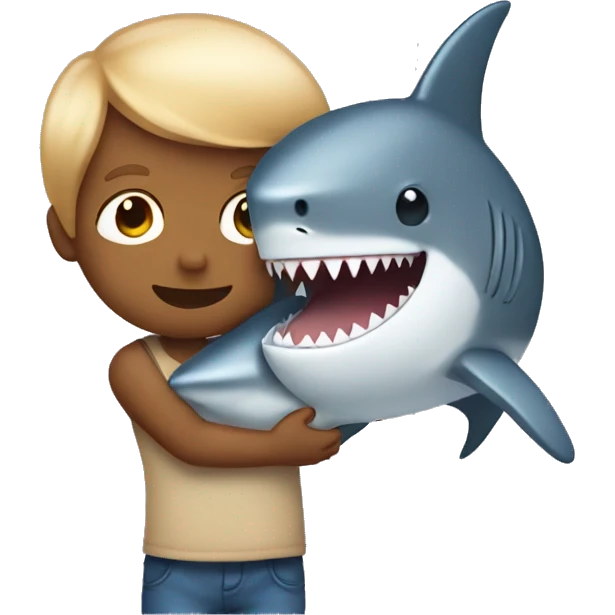 Tan little boy with straight hair cuddling a shark emoji