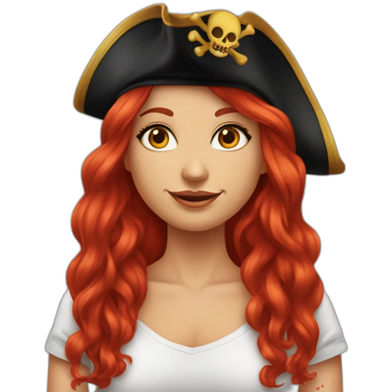 Woman long red hair. Hair hanging to one side only and hairstlye is a single platt, tattoo on side of head.  pirate hat. skull and crossbones t shirt emoji