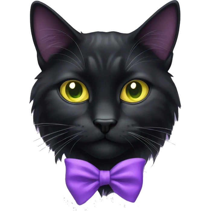 Black Long hair cat with slight white markings on chest and bright greenish yellow eyes with a purple bow by the left ear  emoji