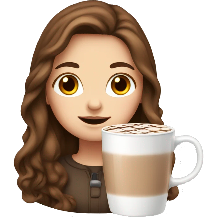 white girl with brown long hair and a hot chocolate emoji