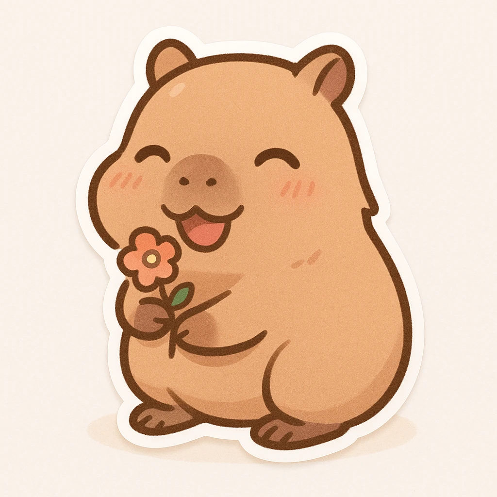 happy capybara in chibi anime style, holding a tiny flower, joyful face, round body, minimal background emoji