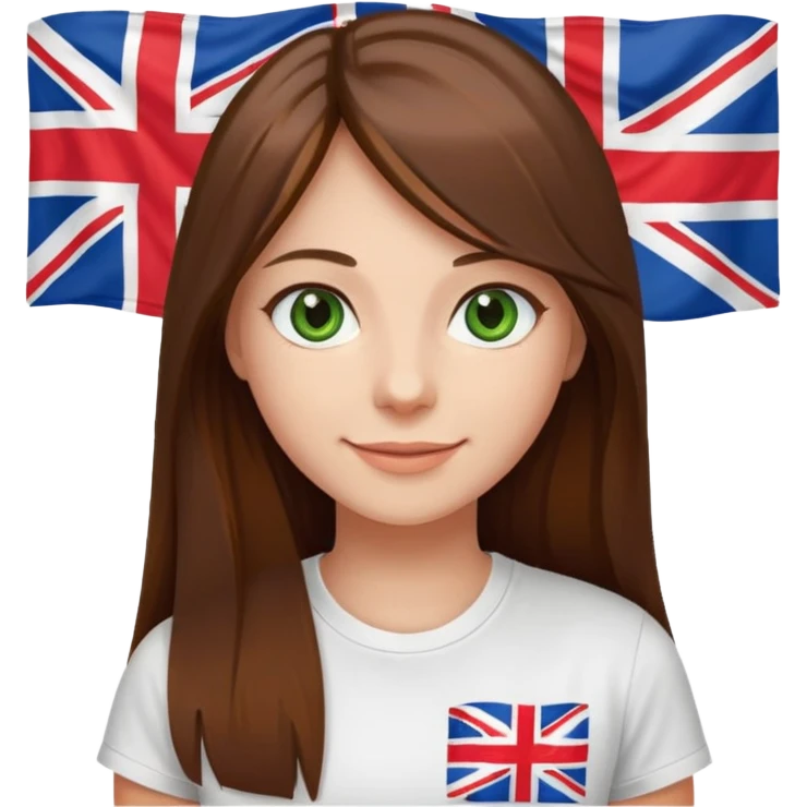 Una chica con pelo liso, largo y marrón. Ojos verdes, camiseta blanca con una bandera de Reino Unido. emoji