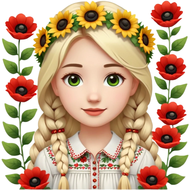 Эмодзи молодой украинской девушки, красивой, весёлой, в ярком мультяшном стиле, похожем на современные анимированные смайлики или персонажей Disney/Pixar. У неё светлая кожа, большие искрящиеся глаза, нежная улыбка, румяные щёки. На голове цветочный венок из ромашек, маков и подсолнухов с зелёными листьями, яркий и объёмный. Она одета в белую вышиванку с рукавами, украшенными красными и чёрными геометрическими узорами, платье слегка расклешённое. На шее крупные красные бусы, блестящие, как кораллы. Волосы длинные, светло-русые, заплетены в косу, виднеющуюся из-под венка. Эмодзи выразительное, с позитивной энергией, чёткими контурами, яркими цветами. Фон полностью прозрачный, изображение квадратное, оптимизировано для использования как смайлик. emoji