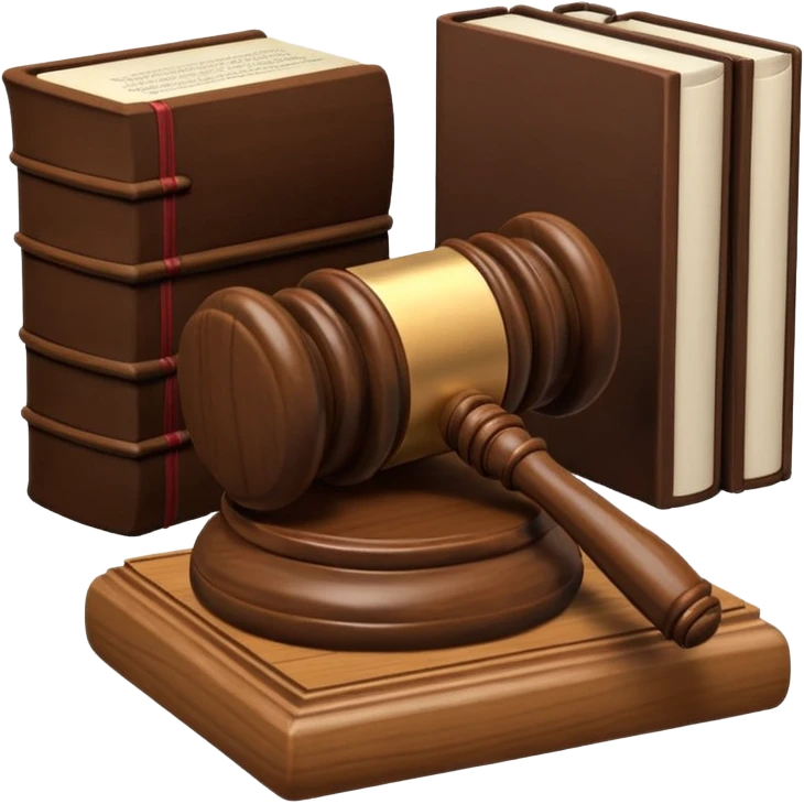 A 3D cartoon judge’s gavel resting on a block beside law books, warm wooden background, realistic Memoji-style rendering. emoji