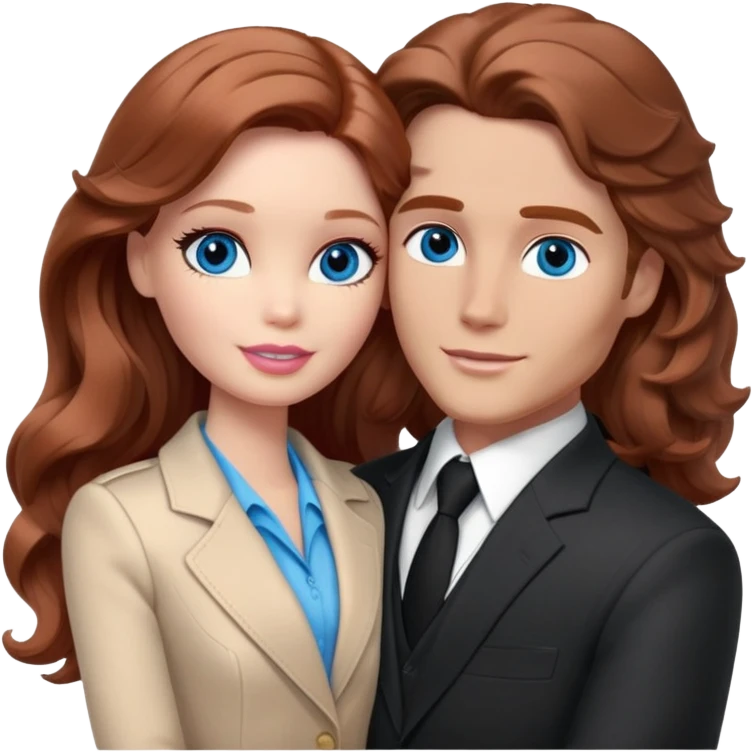 Barbie girl  , eyes blue , Chestnut red long wavy hair In pale beige clothes, Hugs a man with brown hair, brown eyes , and a black suit emoji