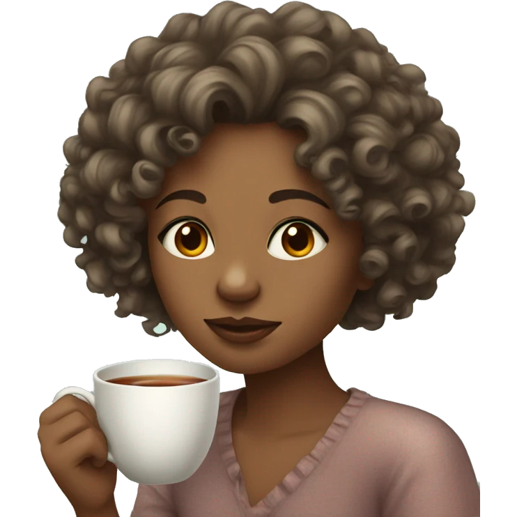 Medium toned Girl with curly hair sipping tea emoji