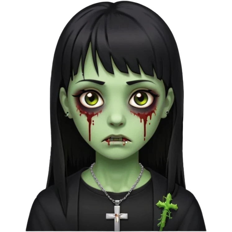 Zumbi verde com olhos castanhos aspecto de que tá sangrando, uma franja reta com cabelo preto um piercing do lado esquerdo do nariz, roupa preta e crucifixo como colar, e também delineador emoji