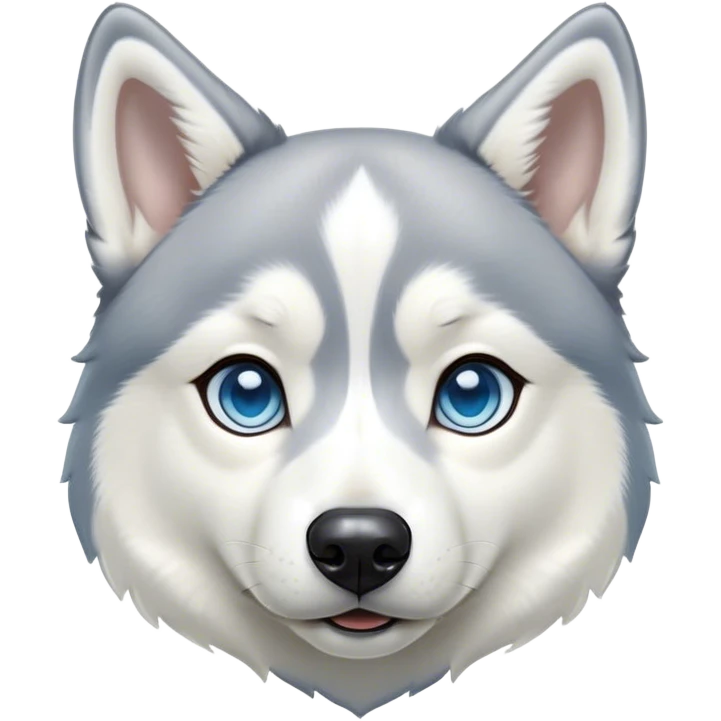 Cinematic Cute Siberian Husky Portrait Emoji, Head tilted playfully and inquisitively, featuring a lush grey and white coat with striking accents, round, sparkling icy blue eyes filled with curiosity, Simplified yet irresistibly adorable features, highly detailed, glowing with a crisp, friendly glow, high shine, affectionate and lively, stylized with a touch of whimsy, bright and endearing, soft glowing outline, capturing the essence of a mischievous yet loving pup, so playful it feels like it could dash out of the screen and into your arms! emoji