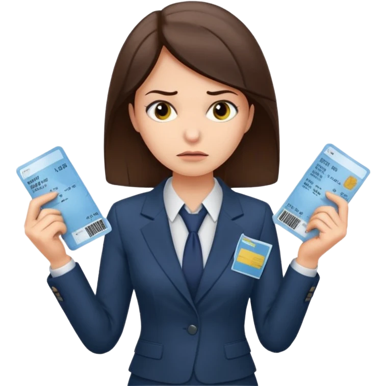 Девушка в офисном костюме, хмурая, с билетами на самолет в руках  emoji