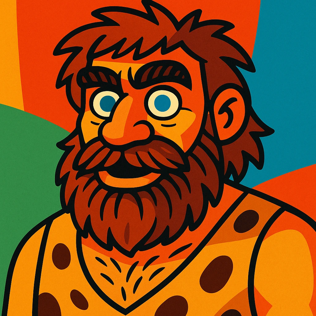 a bearded Neanderthal man with blue eyes, cartoon style, colorful, expressive emoji